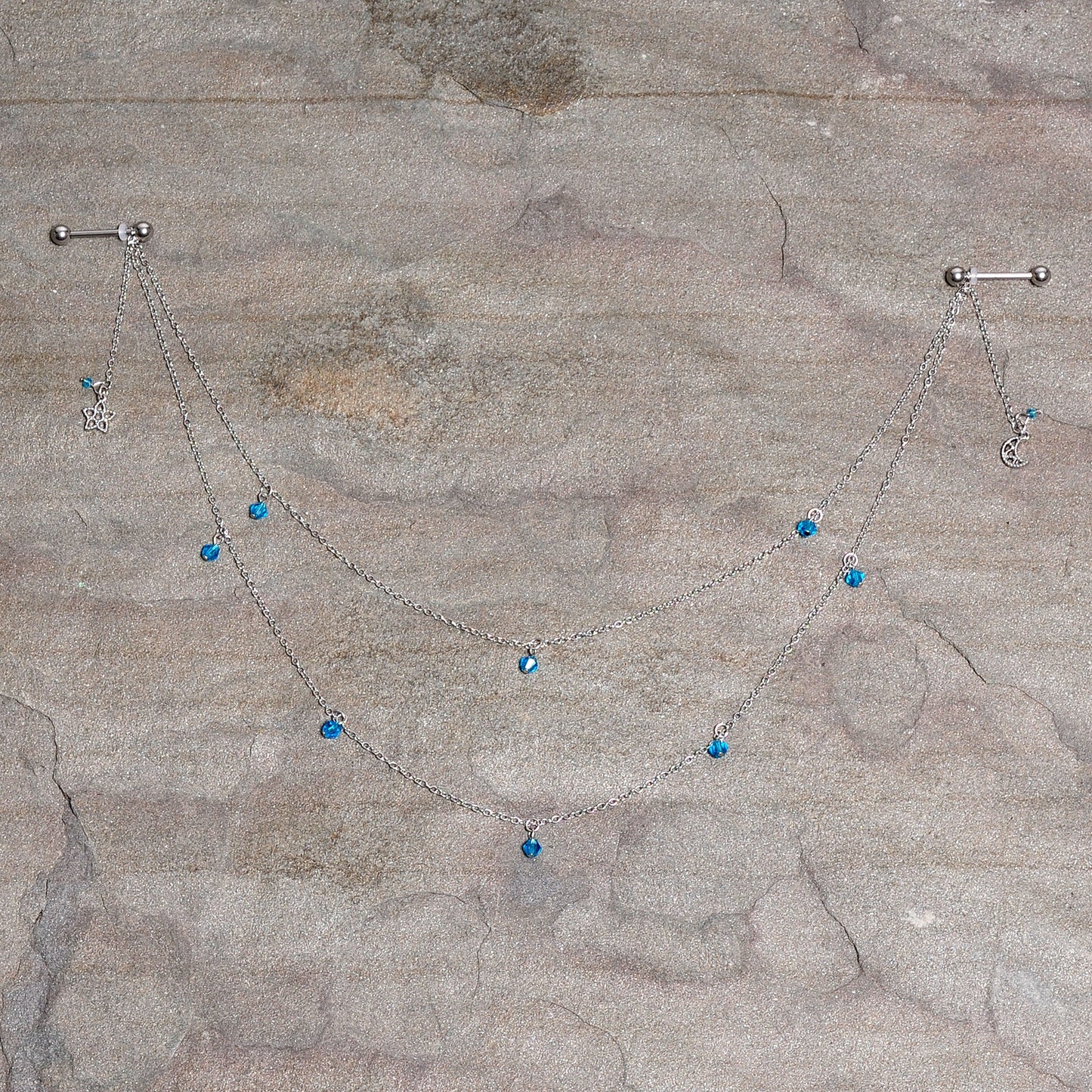 14G 5/8 Blue Gem Moon Star Double Dangle Nipple Chain