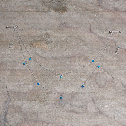 14G 5/8 Blue Gem Moon Star Double Dangle Nipple Chain