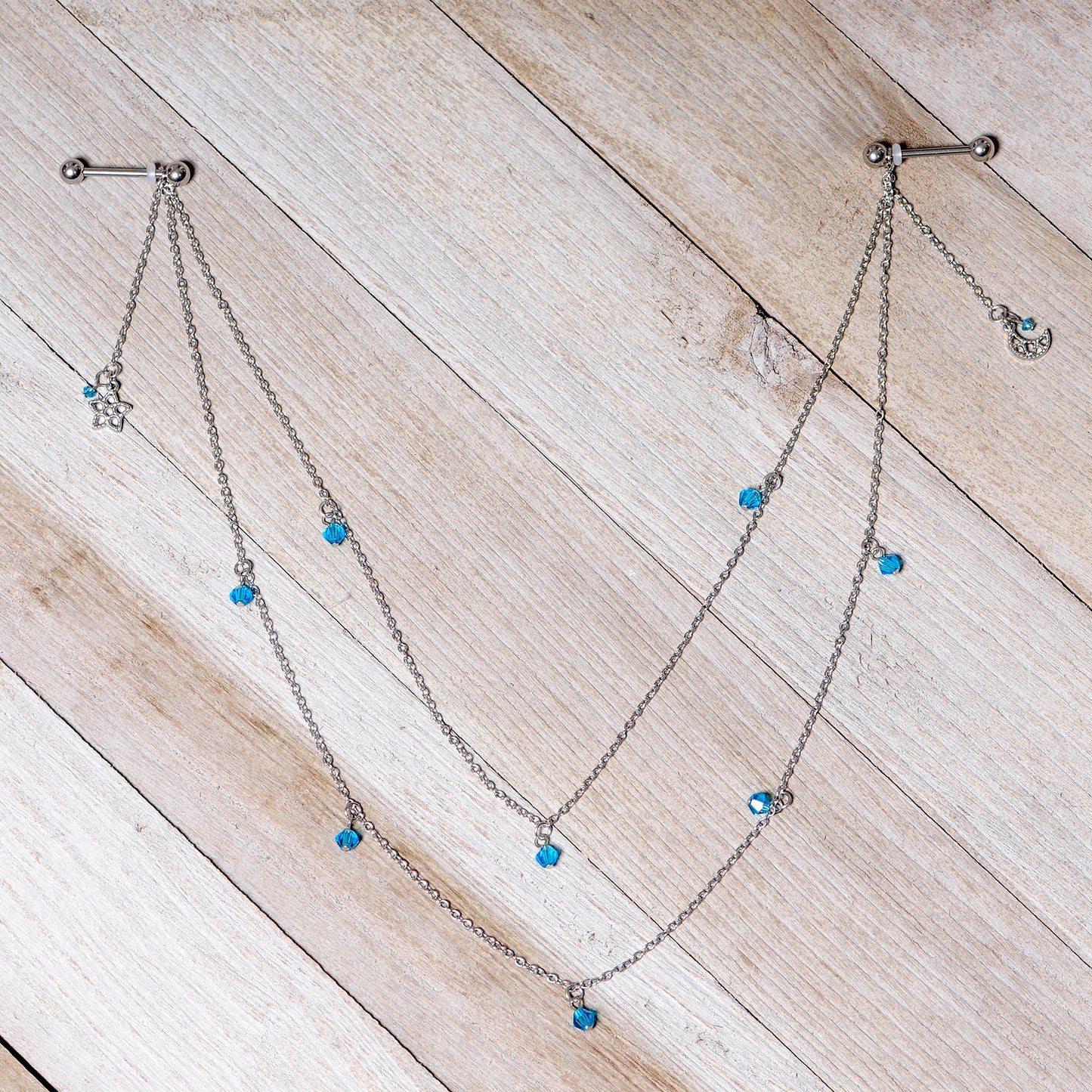 14G 5/8 Blue Gem Moon Star Double Dangle Nipple Chain