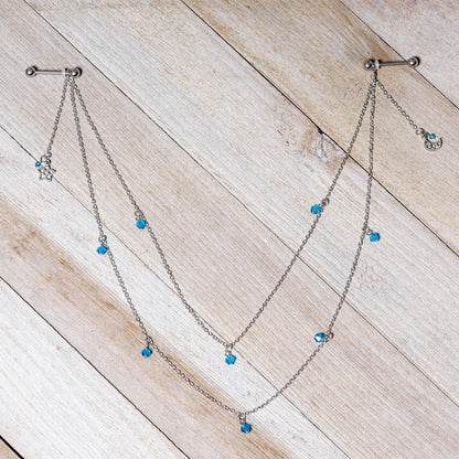 14G 5/8 Blue Gem Moon Star Double Dangle Nipple Chain