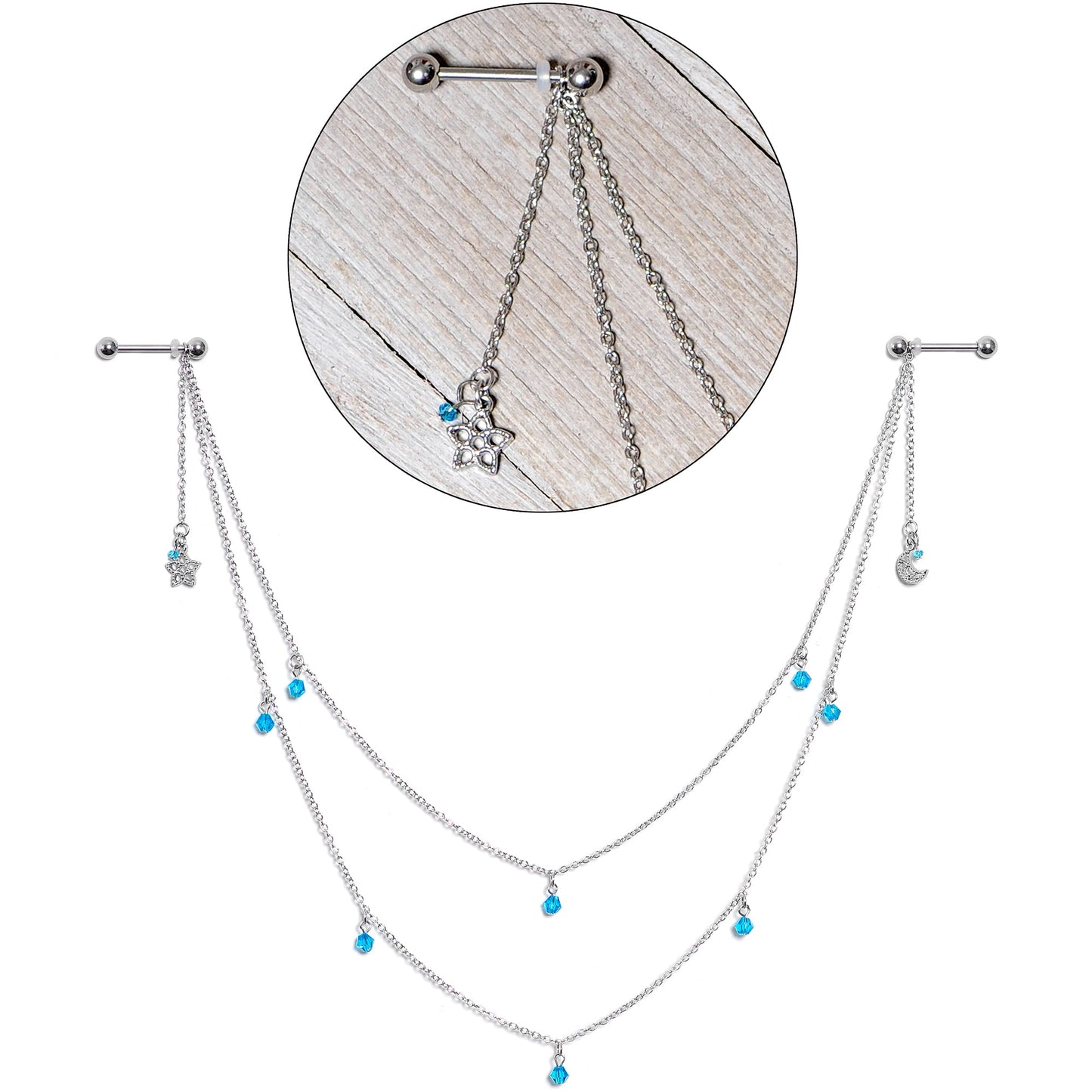 14G 5/8 Blue Gem Moon Star Double Dangle Nipple Chain