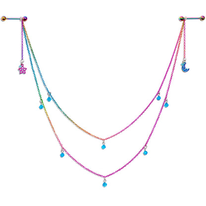14G 5/8 Blue Gem Rainbow Moon Star Double Dangle Nipple Chain
