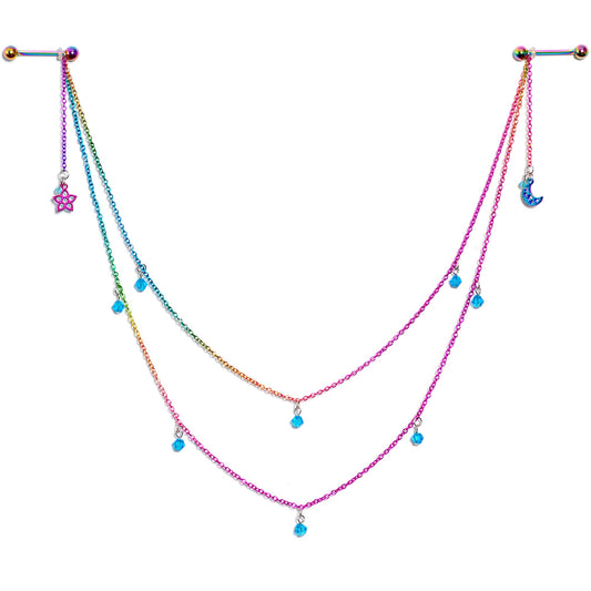14G 5/8 Blue Gem Rainbow Moon Star Double Dangle Nipple Chain