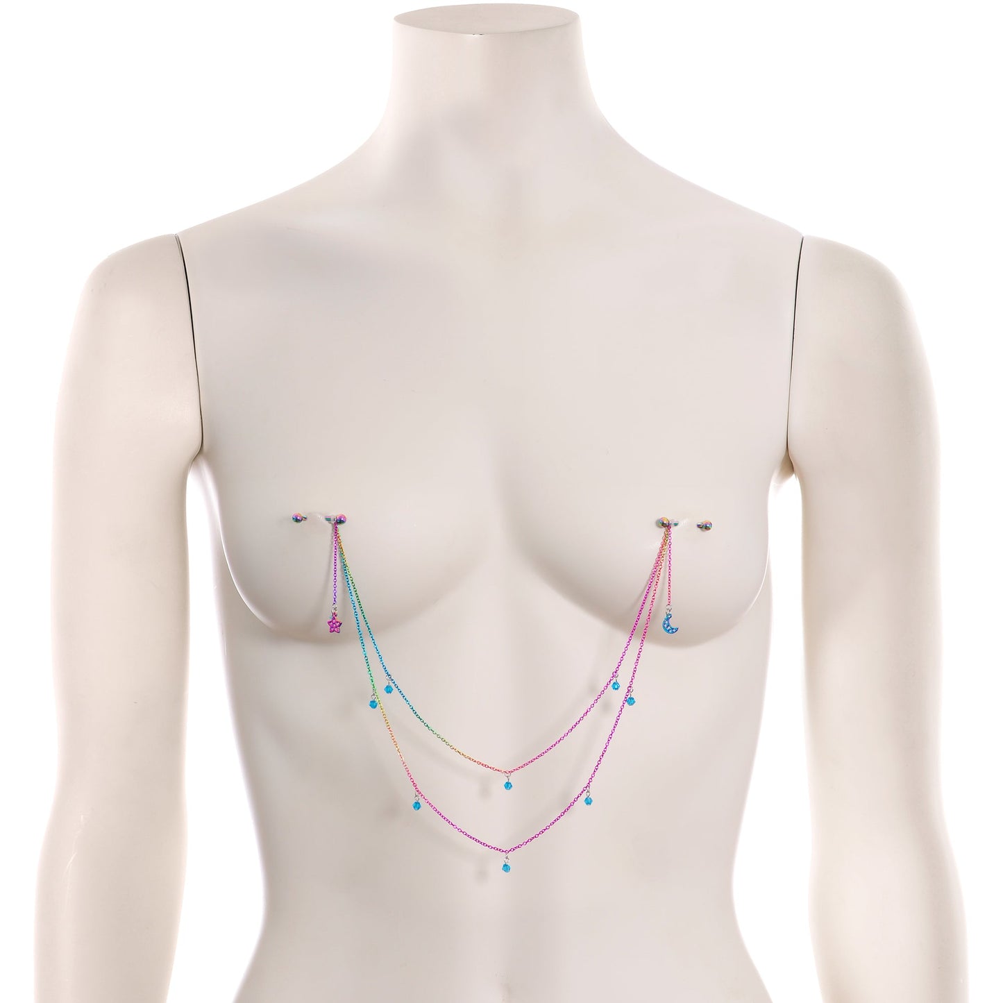 14G 5/8 Blue Gem Rainbow Moon Star Double Dangle Nipple Chain