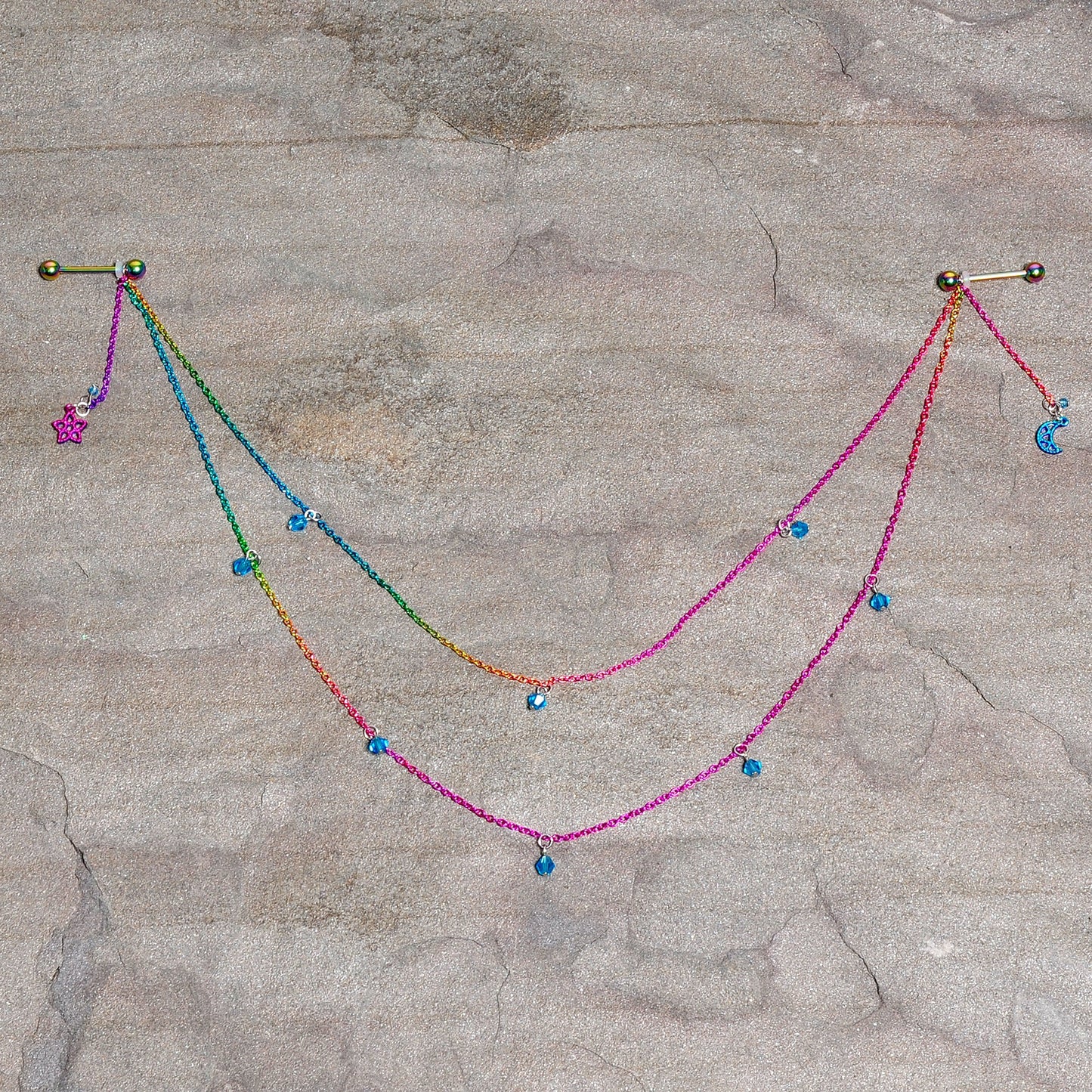 14G 5/8 Blue Gem Rainbow Moon Star Double Dangle Nipple Chain