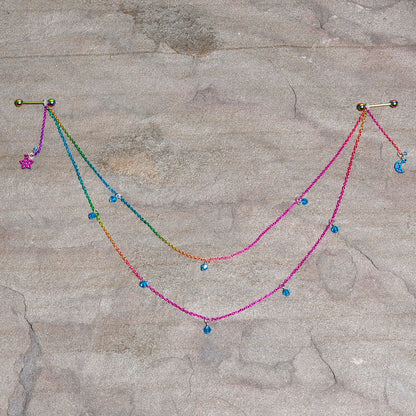 14G 5/8 Blue Gem Rainbow Moon Star Double Dangle Nipple Chain
