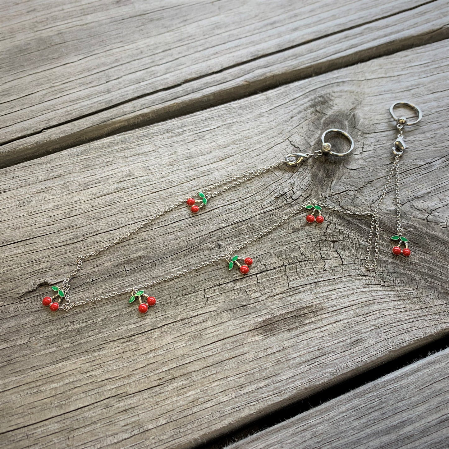 14G 9/16 Clear Gem Red Cherry Captive Ring Dangle Nipple Chain