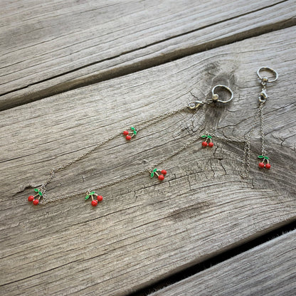 14G 9/16 Clear Gem Red Cherry Captive Ring Dangle Nipple Chain