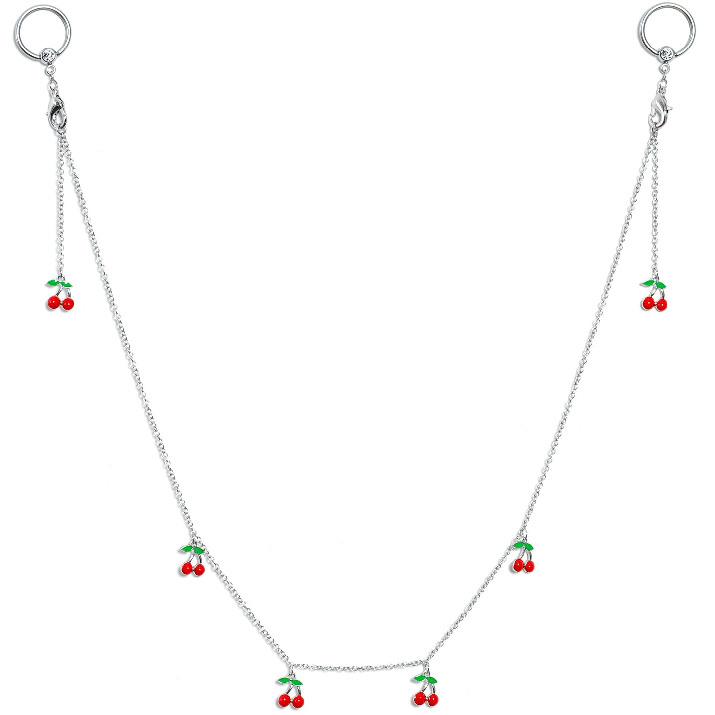 14G 9/16 Clear Gem Red Cherry Captive Ring Dangle Nipple Chain