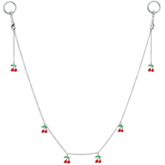 14G 9/16 Clear Gem Red Cherry Captive Ring Dangle Nipple Chain