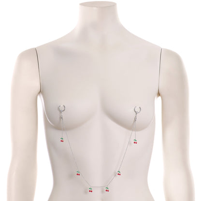 14G 9/16 Clear Gem Red Cherry Captive Ring Dangle Nipple Chain