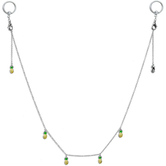 14G 9/16 Clear Gem Pineapple BCR Captive Ring Dangle Nipple Chain