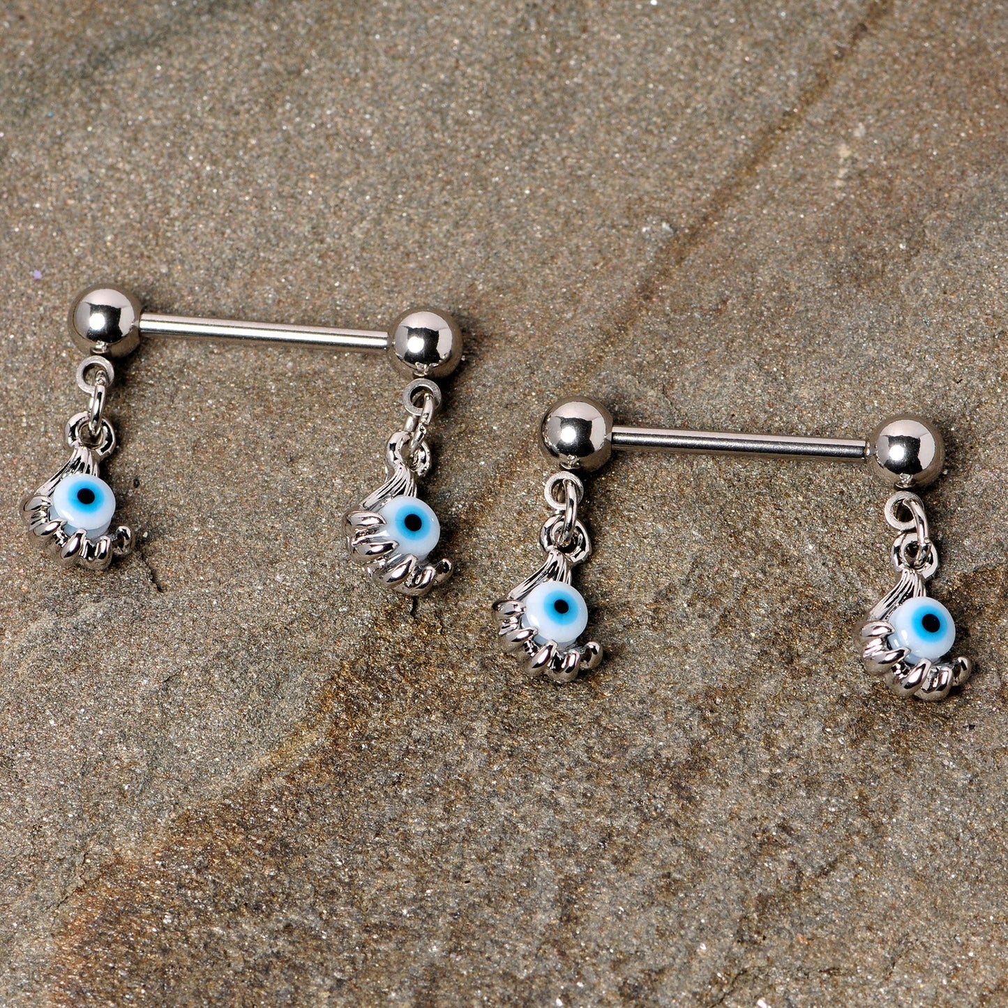 14G 5/8 Blue Eyeball Hand Halloween Dangle Nipple Ring Set