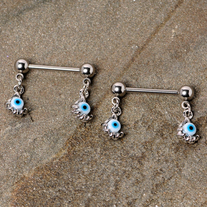 14G 5/8 Blue Eyeball Hand Halloween Dangle Nipple Ring Set
