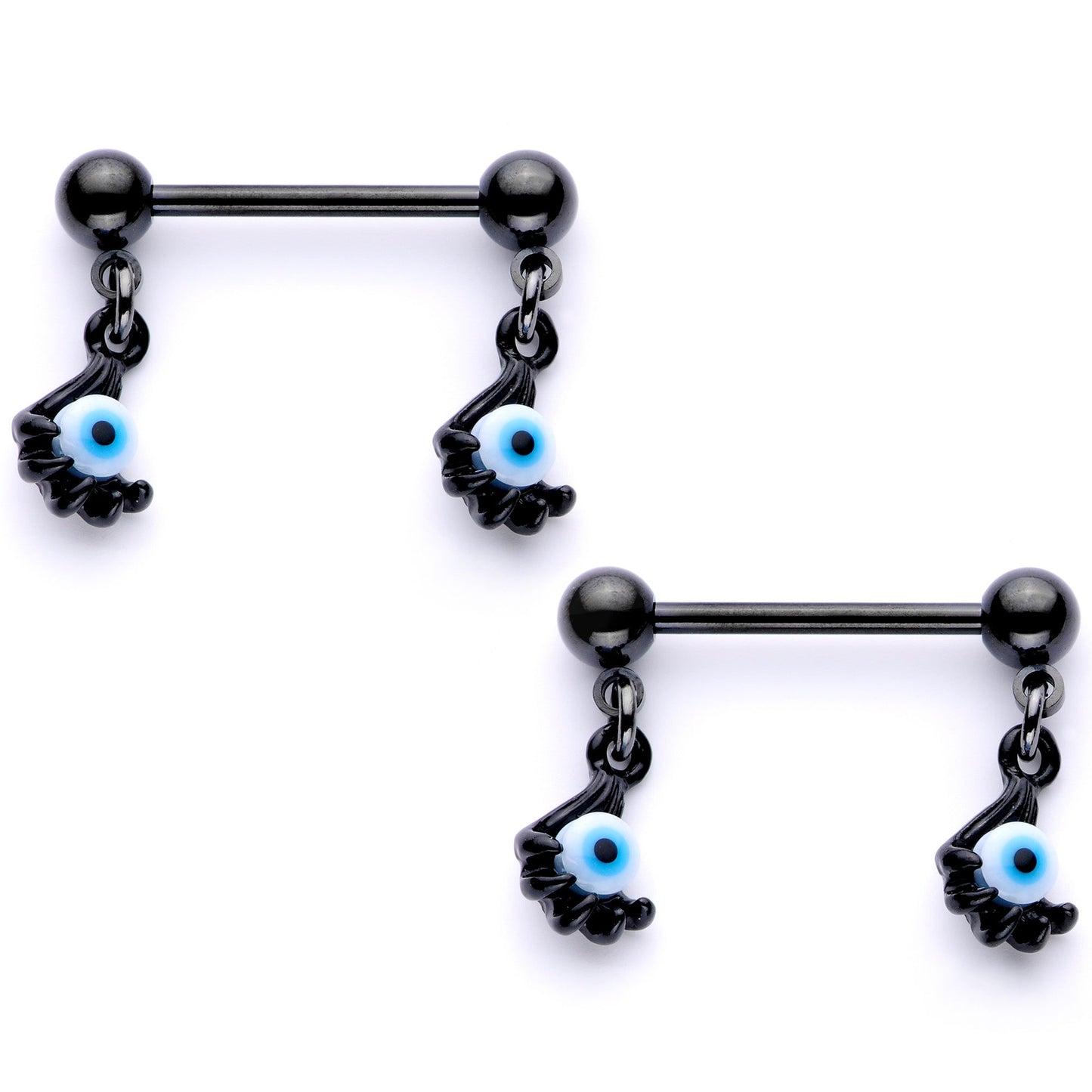 14G 5/8 Black Blue Eyeball Hand Halloween Dangle Nipple Ring Set