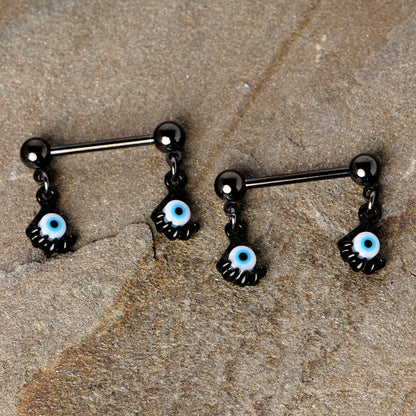 14G 5/8 Black Blue Eyeball Hand Halloween Dangle Nipple Ring Set