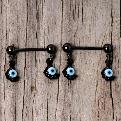 14G 5/8 Black Blue Eyeball Hand Halloween Dangle Nipple Ring Set
