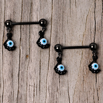 14G 5/8 Black Blue Eyeball Hand Halloween Dangle Nipple Ring Set