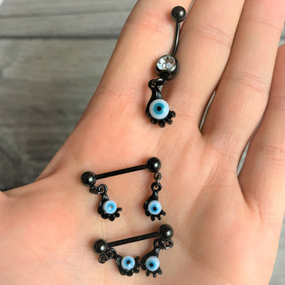 14G 5/8 Black Blue Eyeball Hand Halloween Dangle Nipple Ring Set