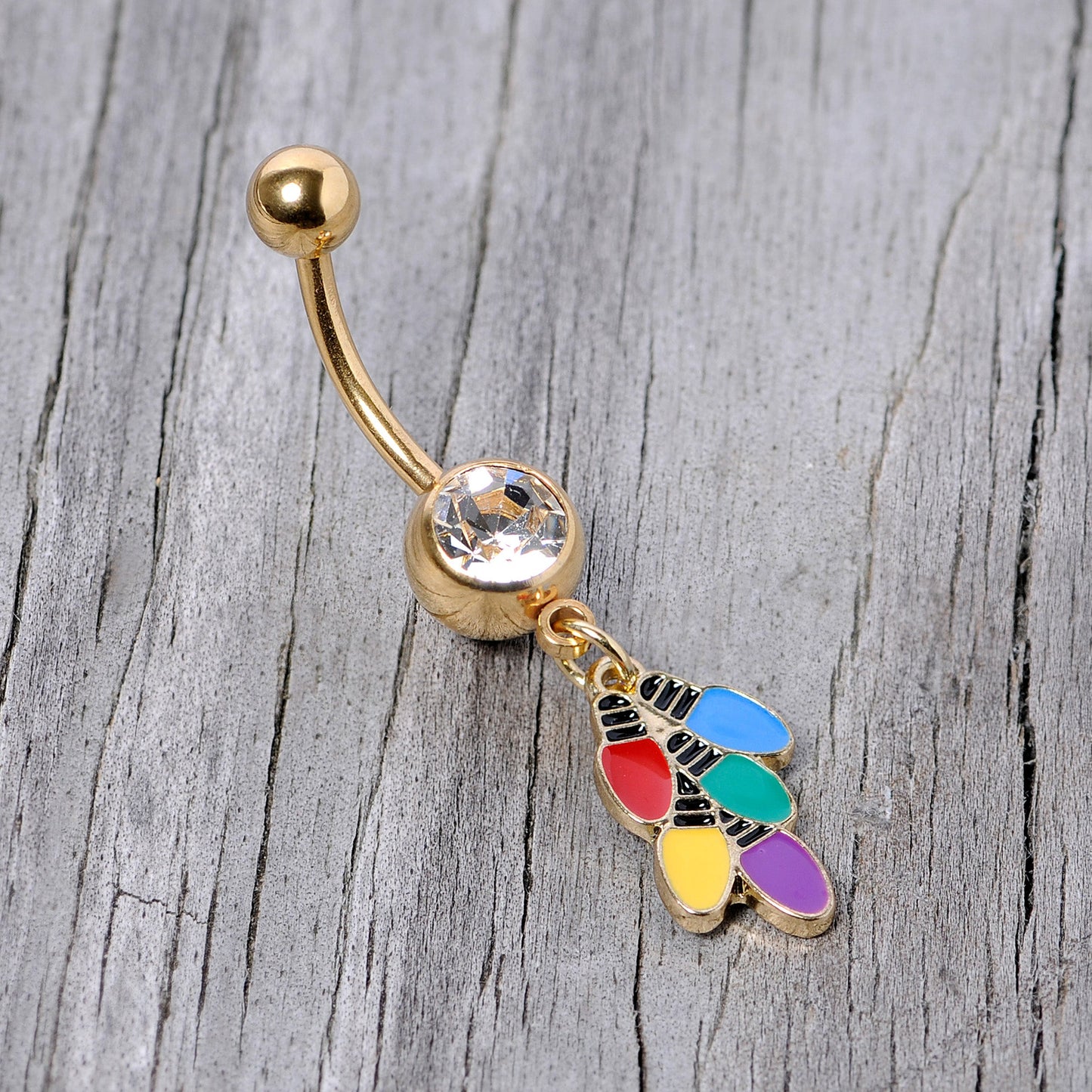 Clear Gem Gold Tone Christmas Lights Holiday Dangle Belly Ring