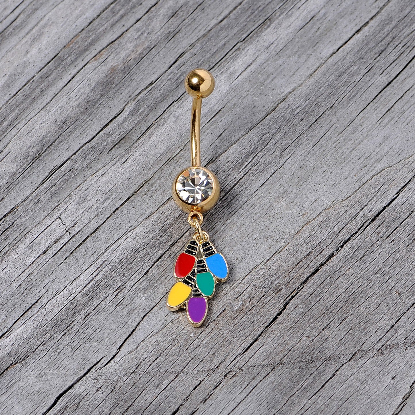 Clear Gem Gold Tone Christmas Lights Holiday Dangle Belly Ring