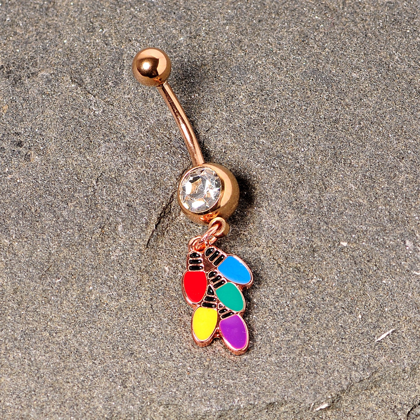Clear Gem Rose Gold Tone Christmas Lights Holiday Dangle Belly Ring