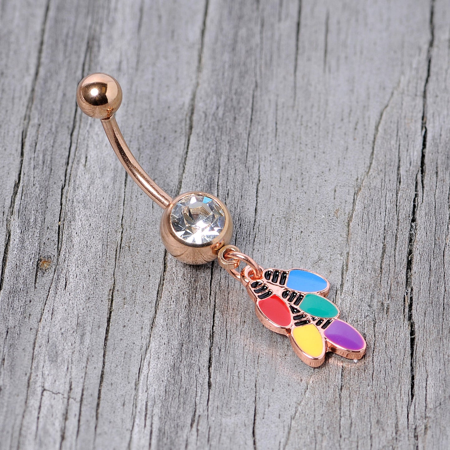 Clear Gem Rose Gold Tone Christmas Lights Holiday Dangle Belly Ring