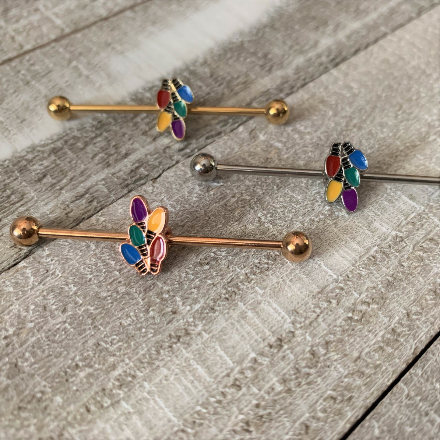 14G Rose Gold Tone Christmas Lights Industrial Barbell 38mm