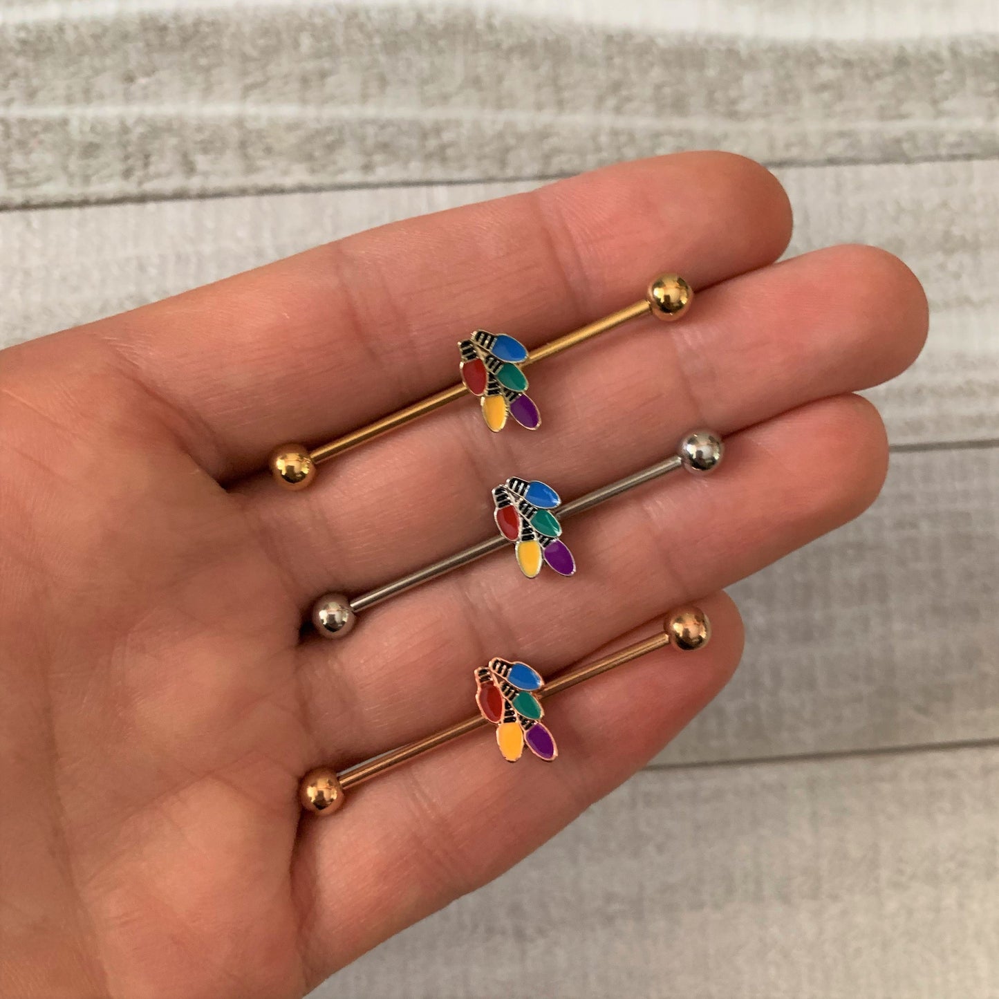 14G Gold Tone Christmas Lights Industrial Barbell 38mm