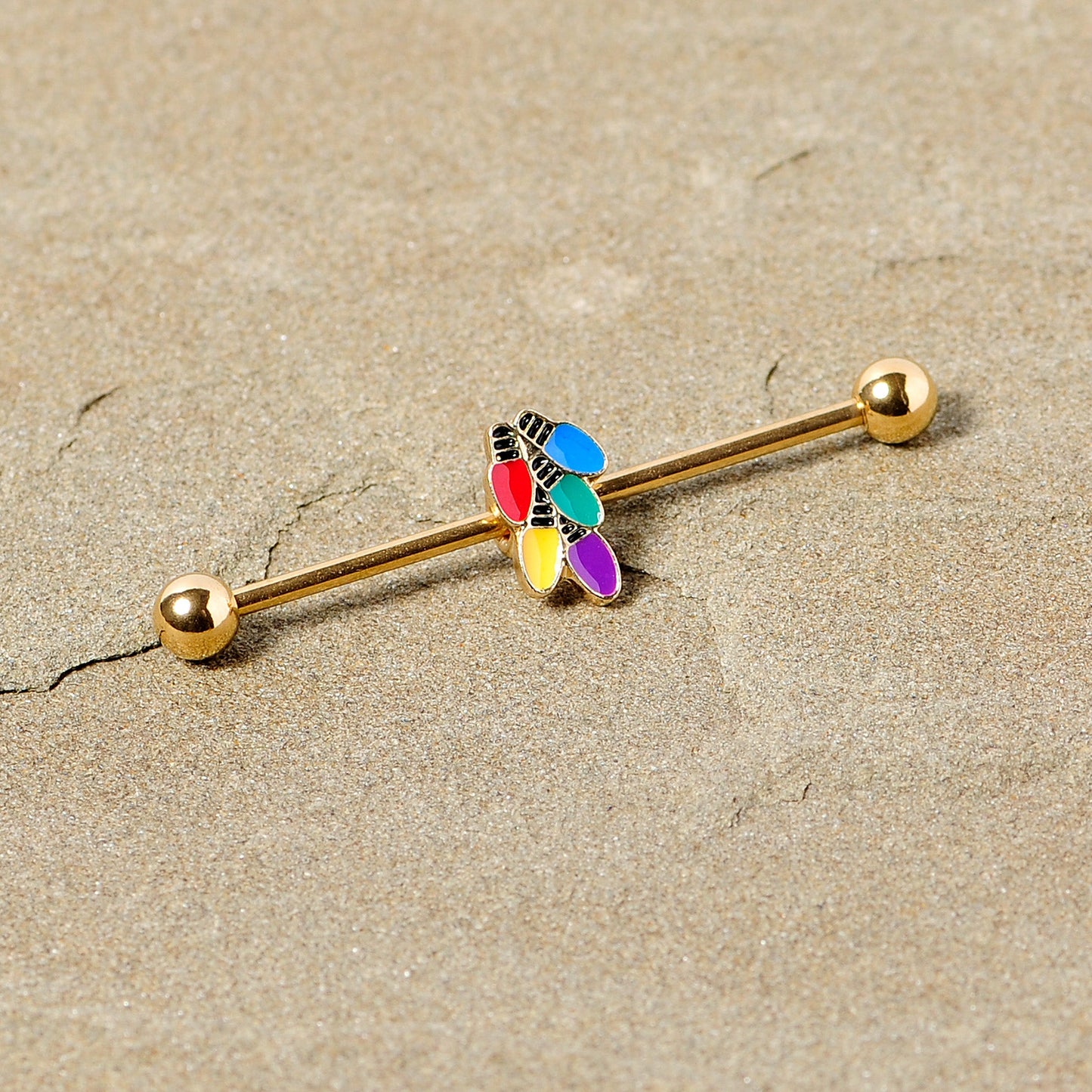 14G Gold Tone Christmas Lights Industrial Barbell 38mm