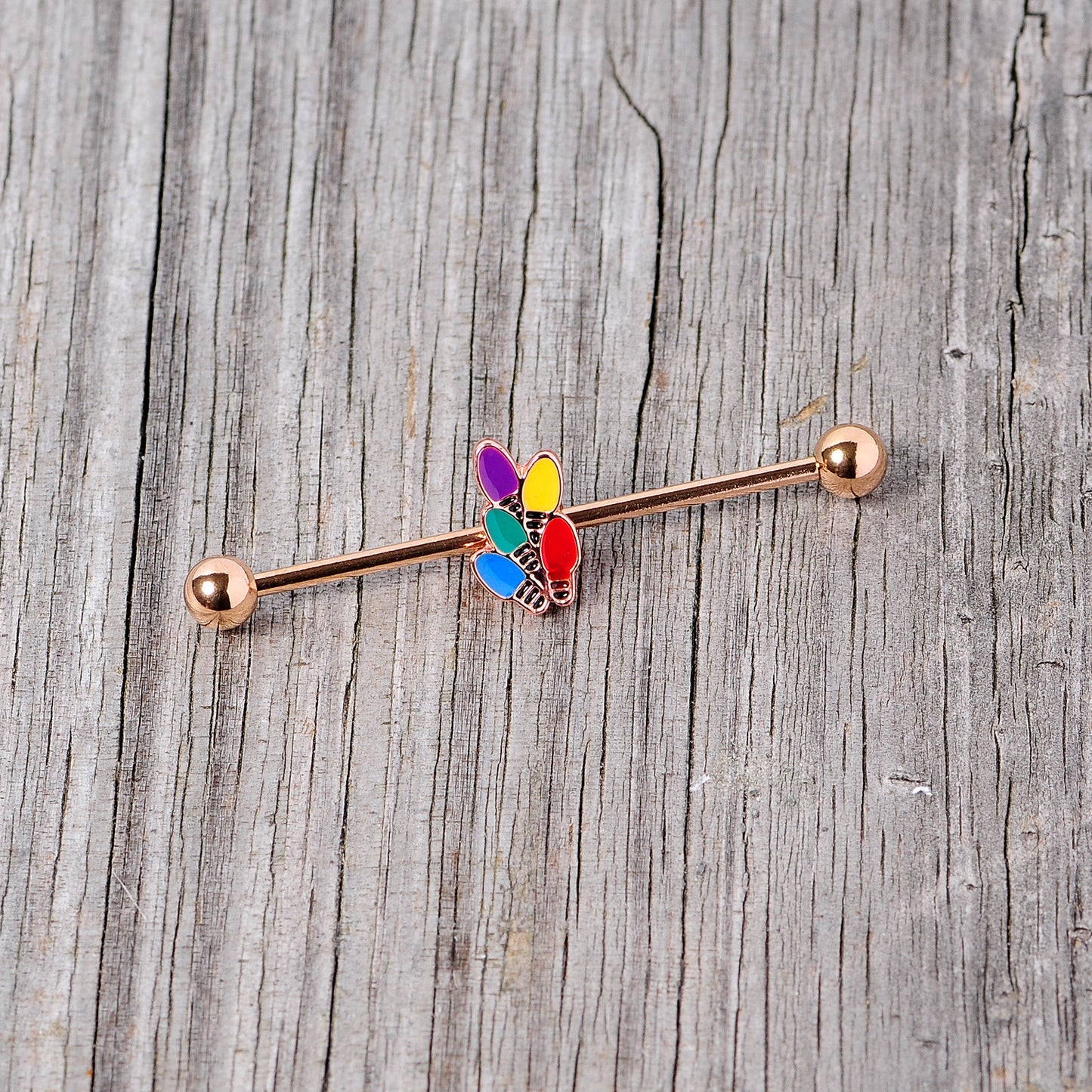 14G Rose Gold Tone Christmas Lights Industrial Barbell 38mm