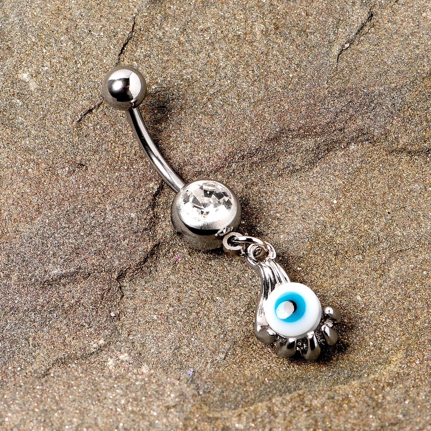 Clear Gem Blue Eyeball Hand Halloween Dangle Belly Ring