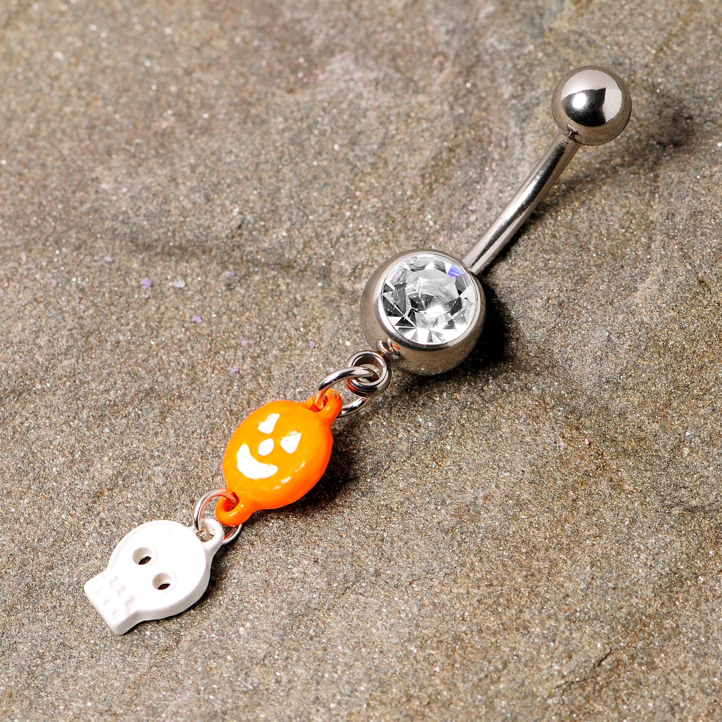 Clear Gem Orange Pumpkin Skull Halloween Dangle Belly Ring