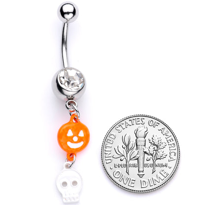 Clear Gem Orange Pumpkin Skull Halloween Dangle Belly Ring