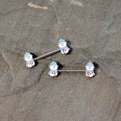 14G 5/8 Snowman Winter Holiday Christmas Barbell Nipple Ring Set