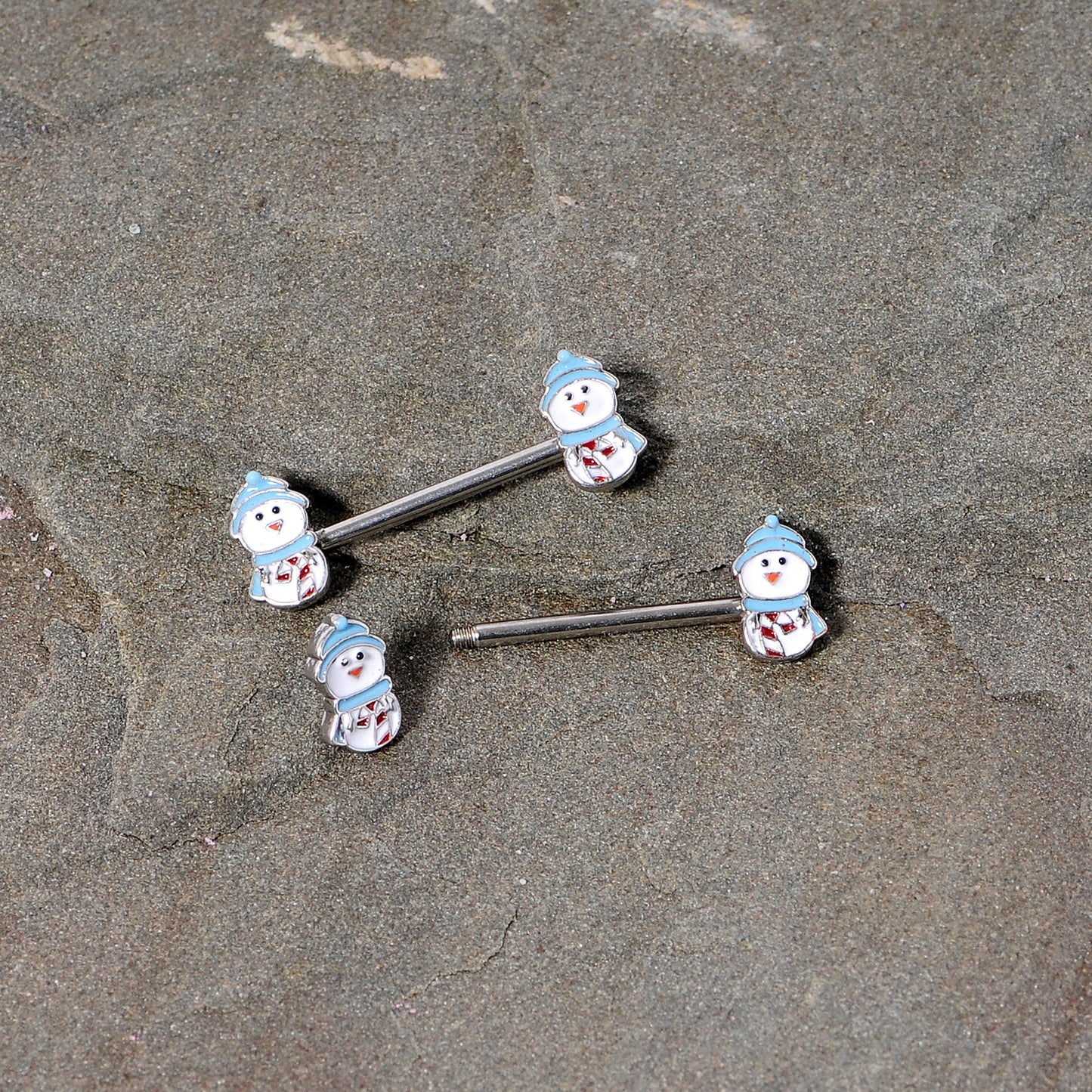 14G 5/8 Snowman Winter Holiday Christmas Barbell Nipple Ring Set