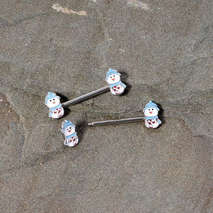 14G 5/8 Snowman Winter Holiday Christmas Barbell Nipple Ring Set