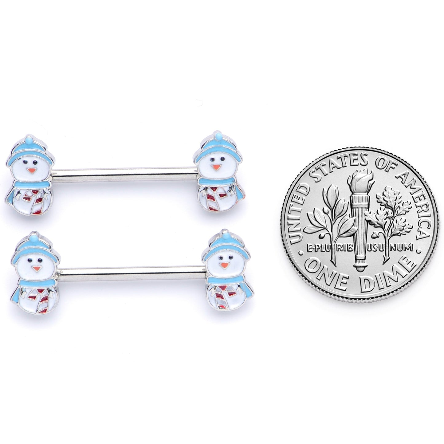 14G 5/8 Snowman Winter Holiday Christmas Barbell Nipple Ring Set
