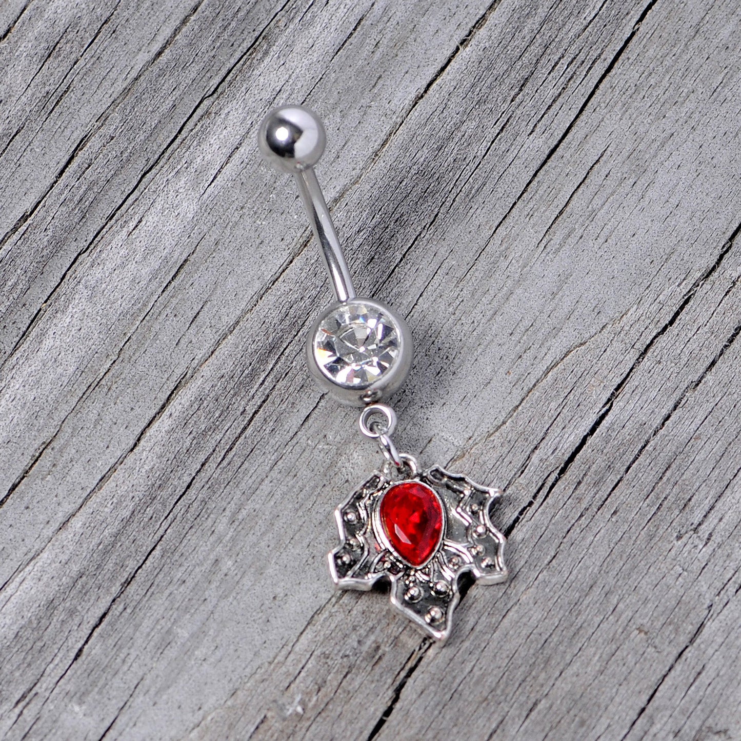 Clear Red Gem Holiday Holly Leaf Christmas Dangle Belly Ring