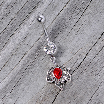 Clear Red Gem Holiday Holly Leaf Christmas Dangle Belly Ring
