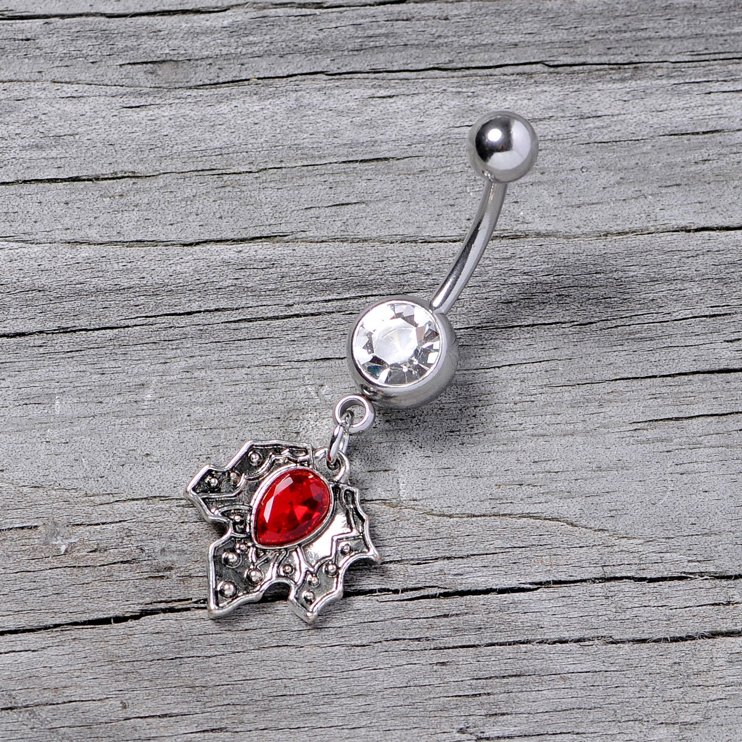 Clear Red Gem Holiday Holly Leaf Christmas Dangle Belly Ring