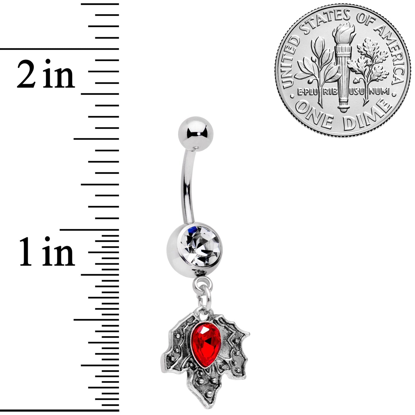 Clear Red Gem Holiday Holly Leaf Christmas Dangle Belly Ring