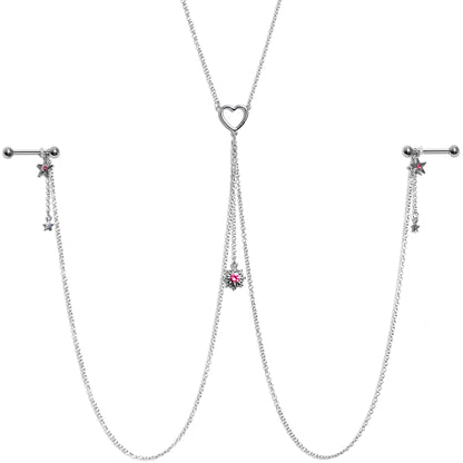 14G 5/8 Pink Gem Sun Heart Star Nipple Chain Necklace