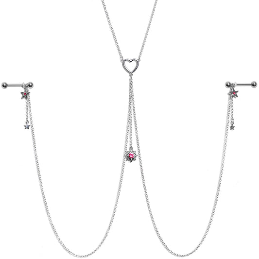 14G 5/8 Pink Gem Sun Heart Star Nipple Chain Necklace