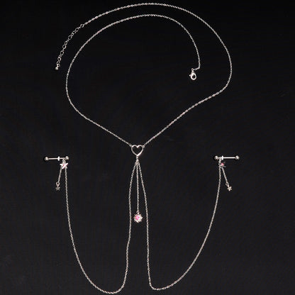 14G 5/8 Pink Gem Sun Heart Star Nipple Chain Necklace