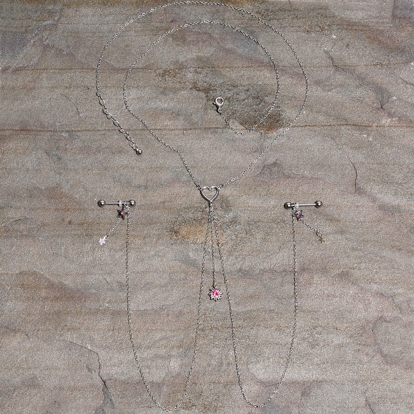 14G 5/8 Pink Gem Sun Heart Star Nipple Chain Necklace