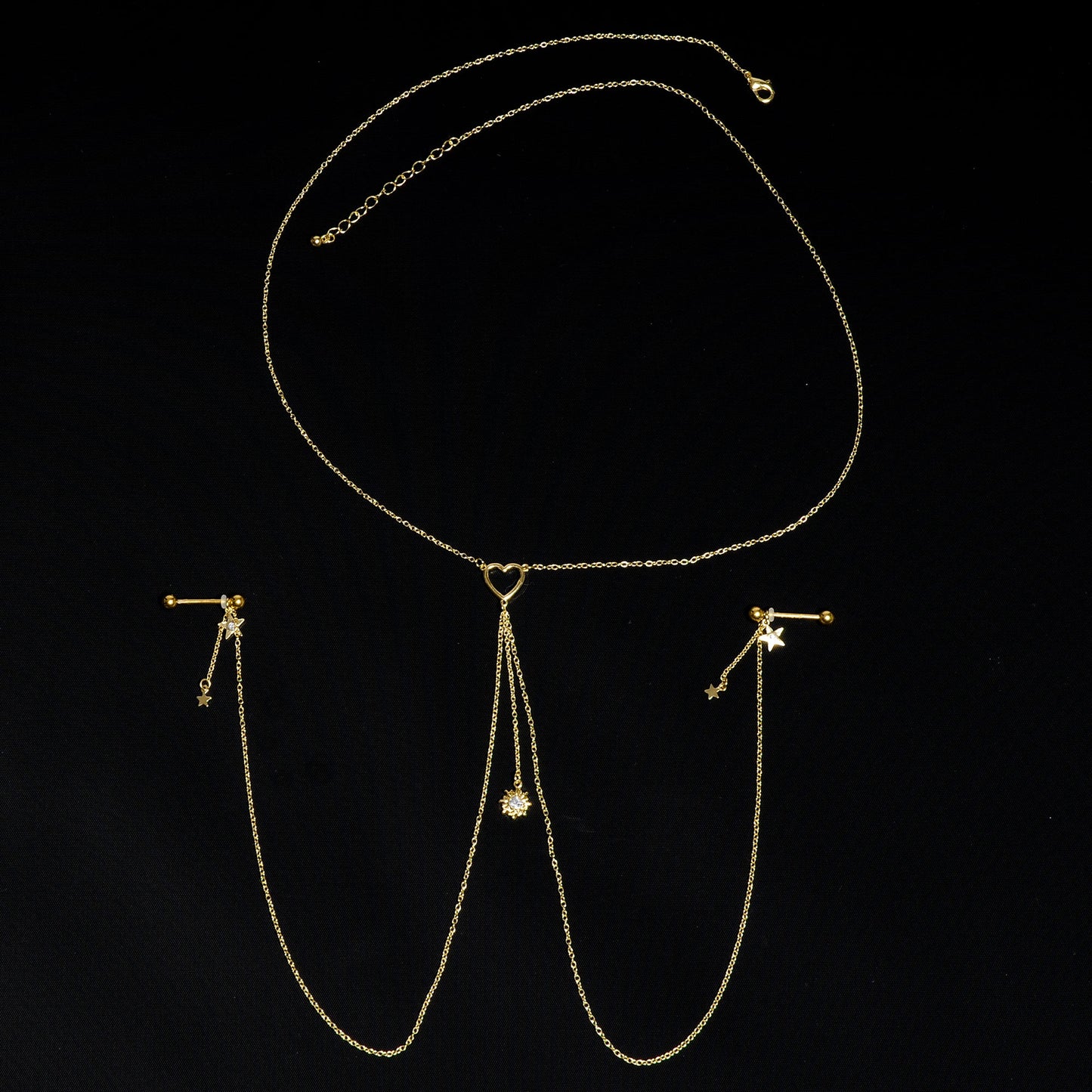 14G 5/8 Clear Gem Gold Tone Sun Heart Star Nipple Chain Necklace