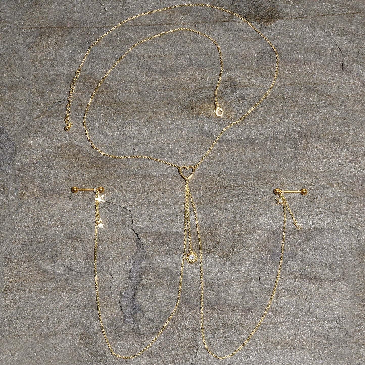 14G 5/8 Clear Gem Gold Tone Sun Heart Star Nipple Chain Necklace