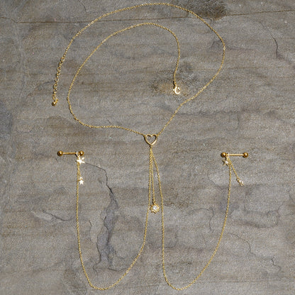 14G 5/8 Clear Gem Gold Tone Sun Heart Star Nipple Chain Necklace