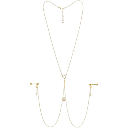 14G 5/8 Clear Gem Gold Tone Sun Heart Star Nipple Chain Necklace